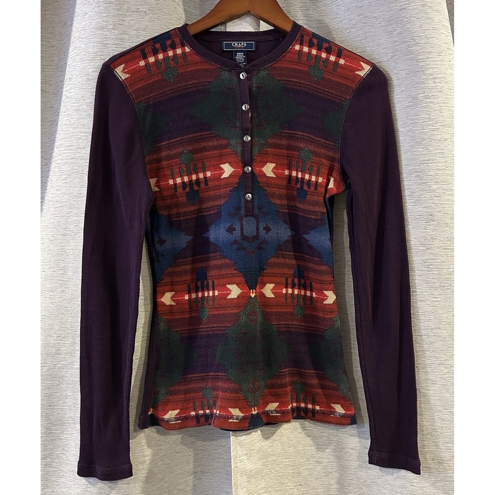 Chaps Ralph Lauren Women's Top Small Thermal Henley Aztec Tribal Purple Blue Red